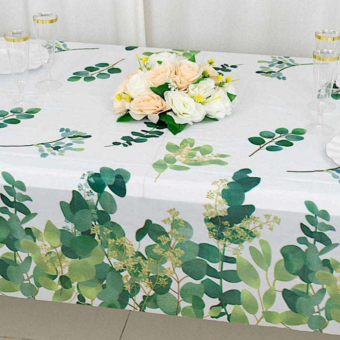 5 Rectangular 54" x 108" Plastic Tablecloths with Eucalyptus Leaves Print - White and Green TAB_PVC_FLOR01_108_GRN