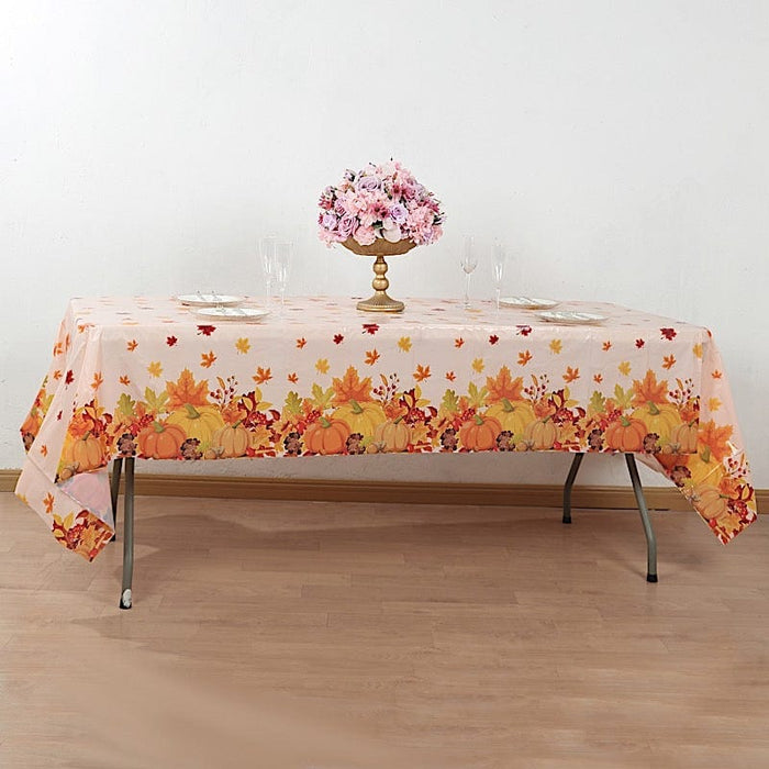5 Rectangular 54" x 108" Plastic Tablecloths with Fall Autumn Leaves Pumpkin Print - Orange TAB_PVC_FLOR03_108_ORNG_PK