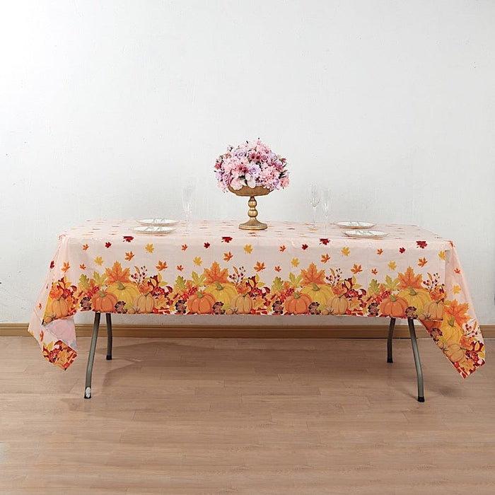 5 Rectangular 54" x 108" Plastic Tablecloths with Fall Autumn Leaves Pumpkin Print - Orange TAB_PVC_FLOR03_108_ORNG_PK