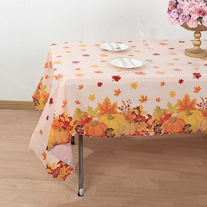 5 Rectangular 54" x 108" Plastic Tablecloths with Fall Autumn Leaves Pumpkin Print - Orange TAB_PVC_FLOR03_108_ORNG_PK