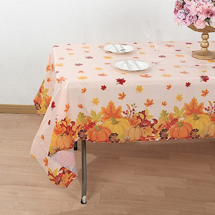 5 Rectangular 54" x 108" Plastic Tablecloths with Fall Autumn Leaves Pumpkin Print - Orange TAB_PVC_FLOR03_108_ORNG_PK