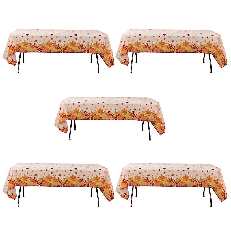 5 Rectangular 54" x 108" Plastic Tablecloths with Fall Autumn Leaves Pumpkin Print - Orange TAB_PVC_FLOR03_108_ORNG_PK