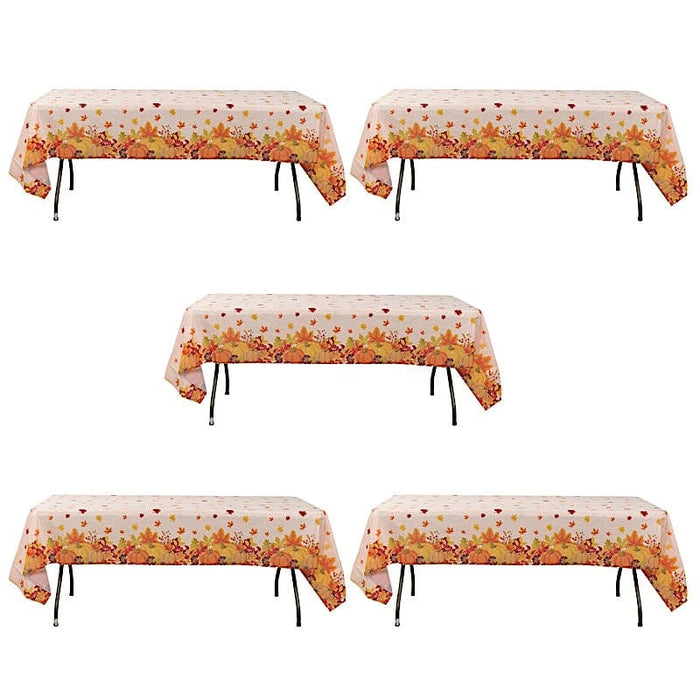 5 Rectangular 54" x 108" Plastic Tablecloths with Fall Autumn Leaves Pumpkin Print - Orange TAB_PVC_FLOR03_108_ORNG_PK