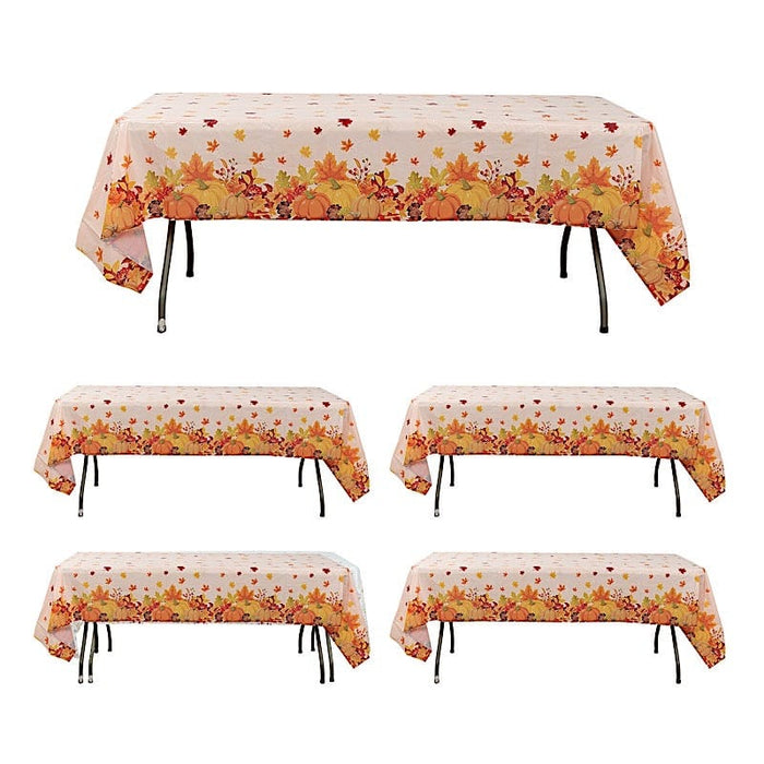 5 Rectangular 54" x 108" Plastic Tablecloths with Fall Autumn Leaves Pumpkin Print - Orange TAB_PVC_FLOR03_108_ORNG_PK