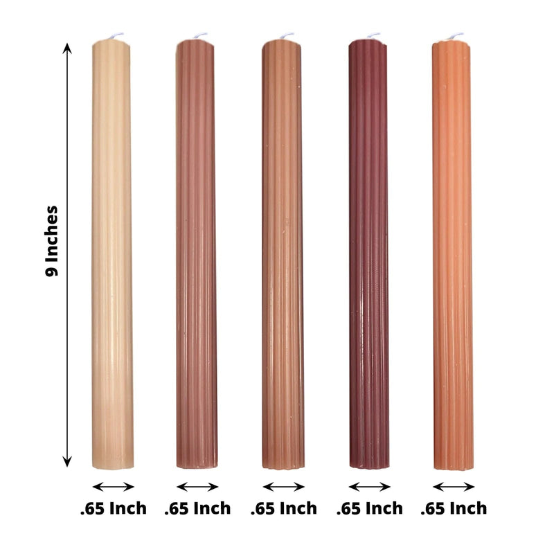 5 Ribbed Design 9" Unscented Premium Wax Taper Candles