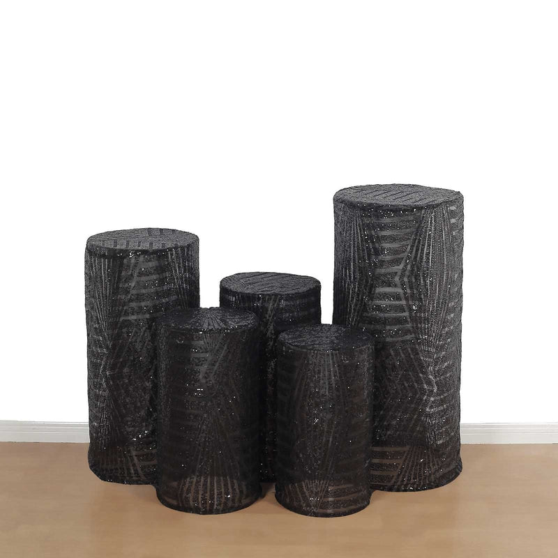 5 Sequin Mesh Cylinder Display Box Stand Covers with Geometric Pattern Embroidery