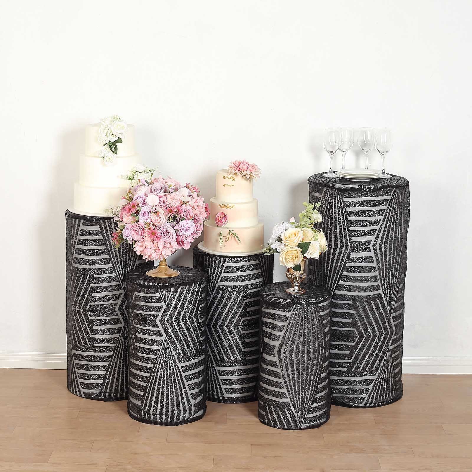 5 Sequin Mesh Cylinder Display Box Stand Covers with Geometric Pattern Embroidery