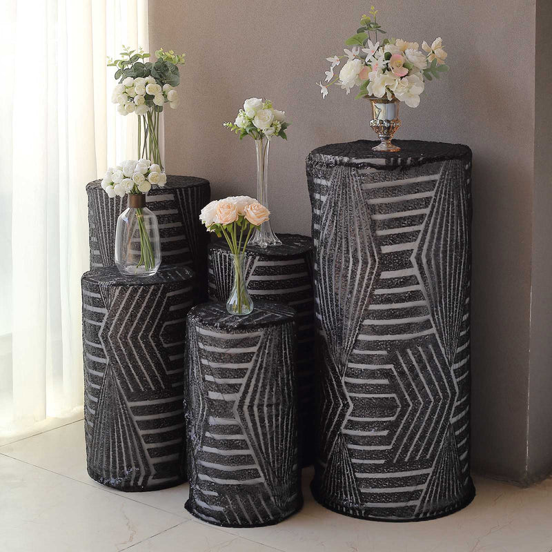 5 Sequin Mesh Cylinder Display Box Stand Covers with Geometric Pattern Embroidery