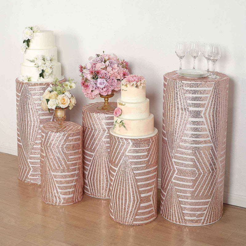 5 Sequin Mesh Cylinder Display Box Stand Covers with Geometric Pattern Embroidery
