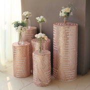 5 Sequin Mesh Cylinder Display Box Stand Covers with Geometric Pattern Embroidery