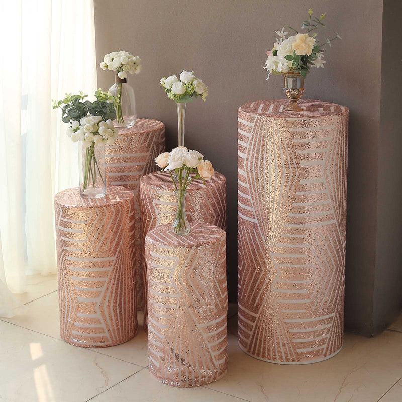 5 Sequin Mesh Cylinder Display Box Stand Covers with Geometric Pattern Embroidery
