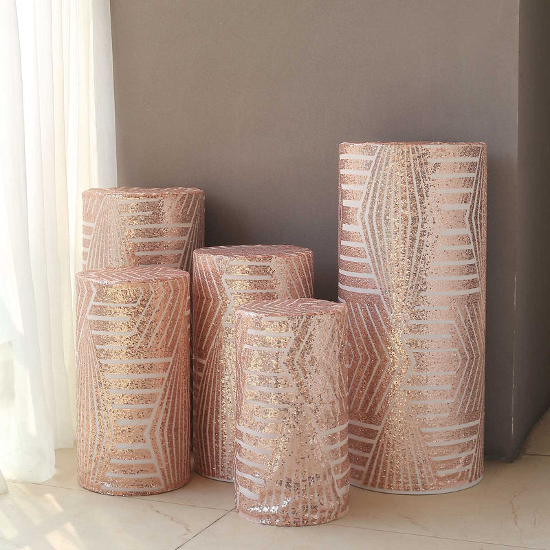 5 Sequin Mesh Cylinder Display Box Stand Covers with Geometric Pattern Embroidery