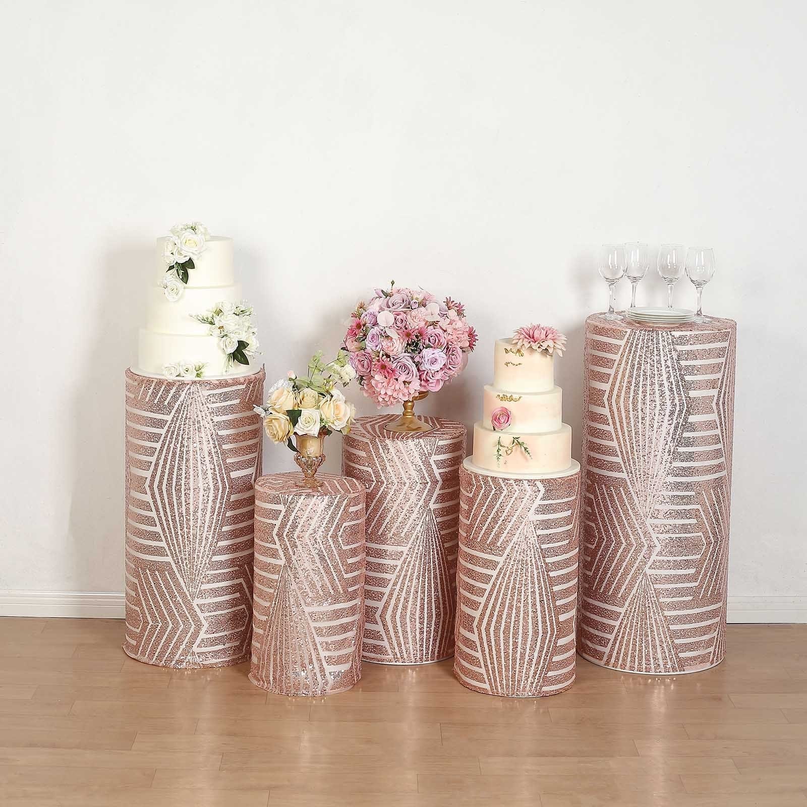 5 Sequin Mesh Cylinder Display Box Stand Covers with Geometric Pattern Embroidery