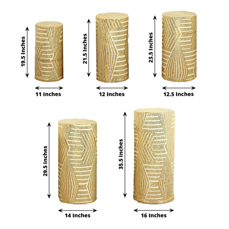 5 Sequin Mesh Cylinder Display Box Stand Covers with Geometric Pattern Embroidery