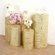 5 Sequin Mesh Cylinder Display Box Stand Covers with Geometric Pattern Embroidery