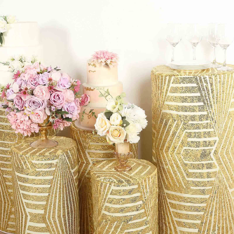 5 Sequin Mesh Cylinder Display Box Stand Covers with Geometric Pattern Embroidery