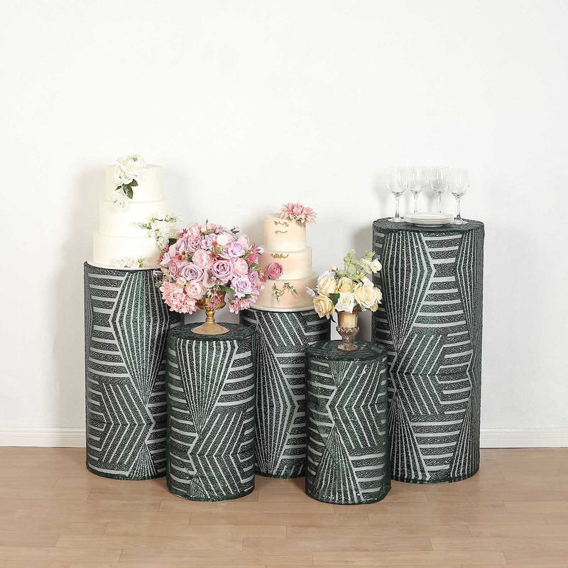 5 Sequin Mesh Cylinder Display Box Stand Covers with Geometric Pattern Embroidery