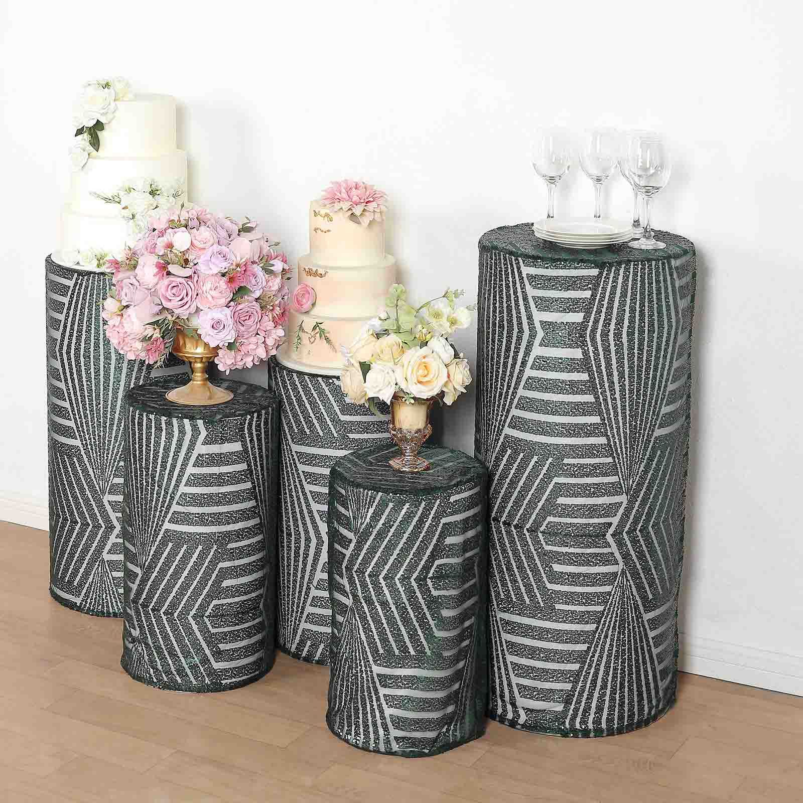 5 Sequin Mesh Cylinder Display Box Stand Covers with Geometric Pattern Embroidery