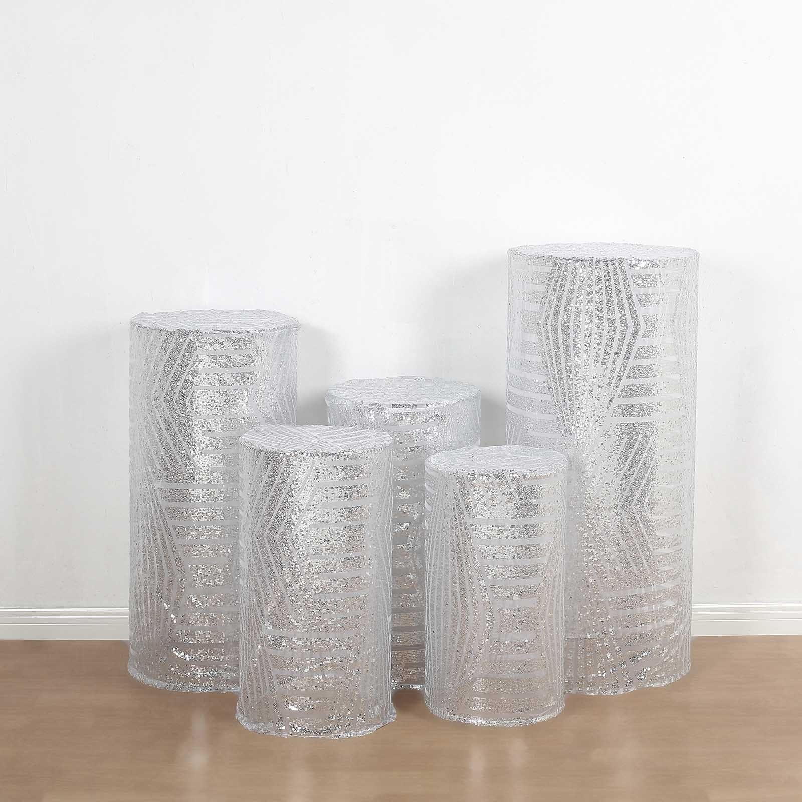 5 Sequin Mesh Cylinder Display Box Stand Covers with Geometric Pattern Embroidery