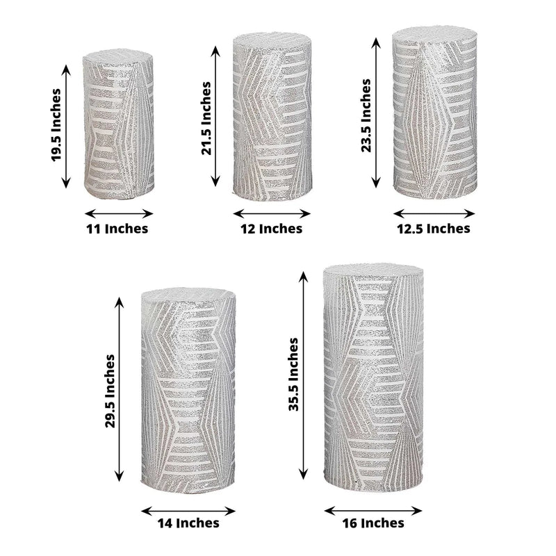 5 Sequin Mesh Cylinder Display Box Stand Covers with Geometric Pattern Embroidery