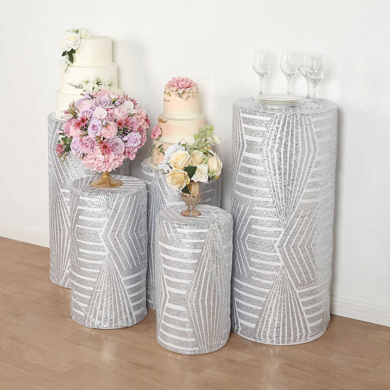 5 Sequin Mesh Cylinder Display Box Stand Covers with Geometric Pattern Embroidery
