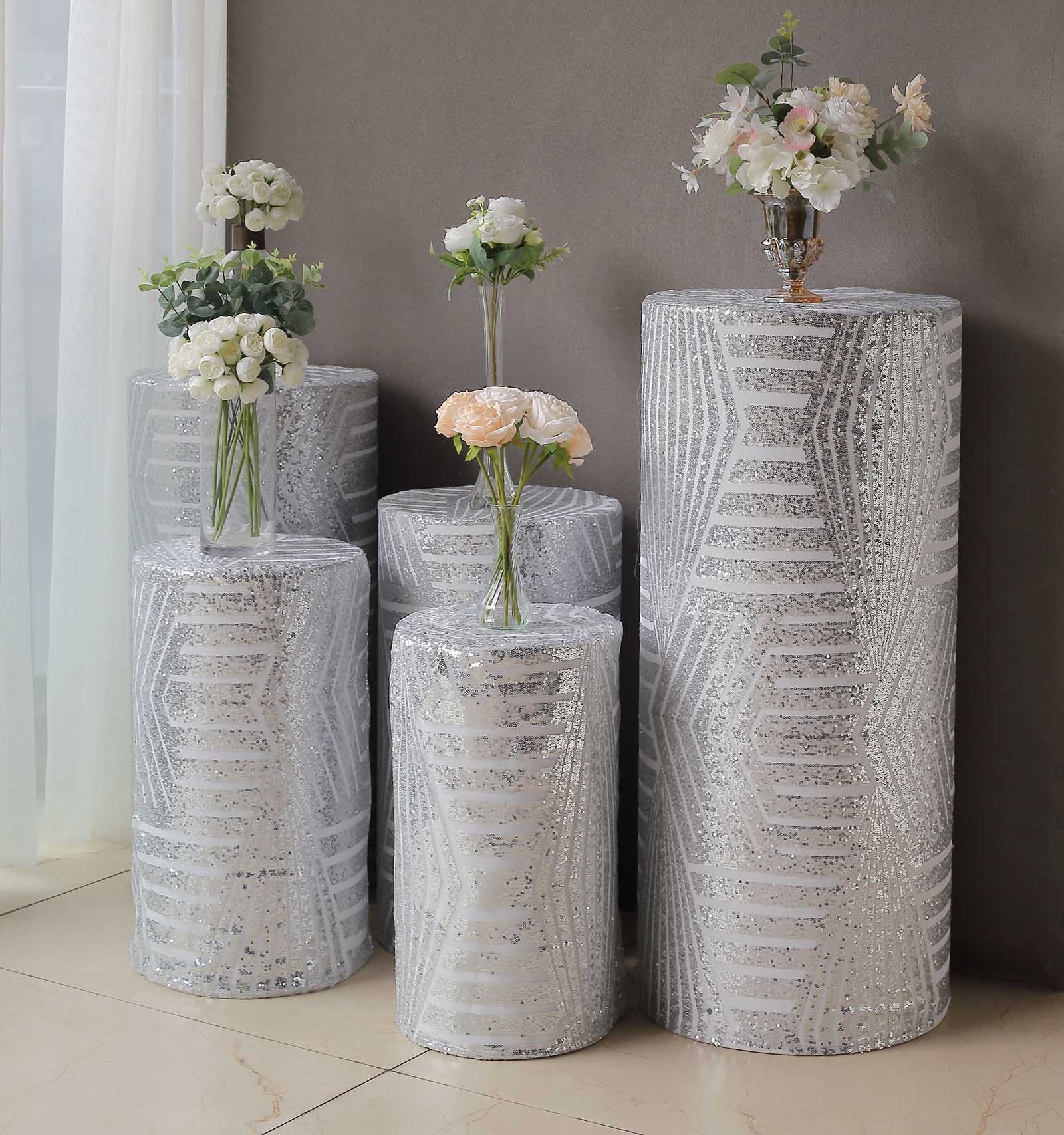 5 Sequin Mesh Cylinder Display Box Stand Covers with Geometric Pattern Embroidery