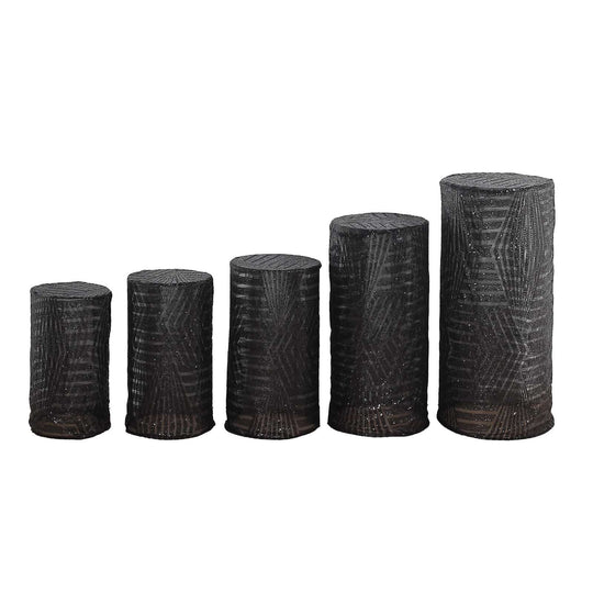 5 Sequin Mesh Cylinder Display Box Stand Covers with Geometric Pattern Embroidery PROP_BOX_006_02G_BLK
