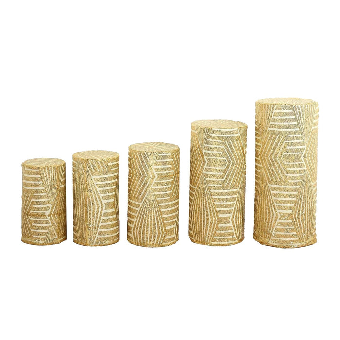 5 Sequin Mesh Cylinder Display Box Stand Covers with Geometric Pattern Embroidery PROP_BOX_006_02G_GOLD