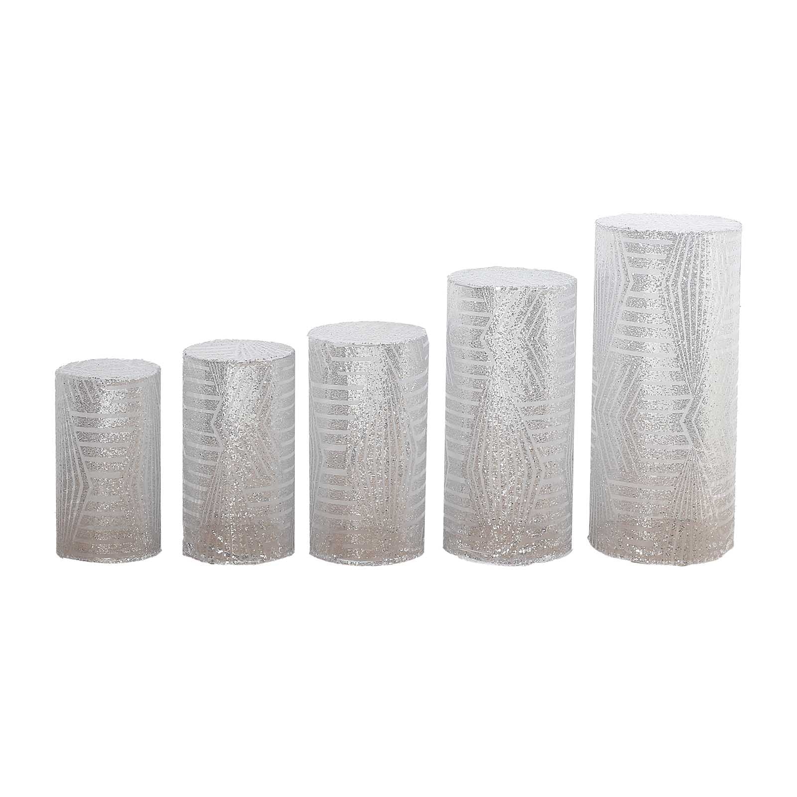 5 Sequin Mesh Cylinder Display Box Stand Covers with Geometric Pattern Embroidery PROP_BOX_006_02G_SILV