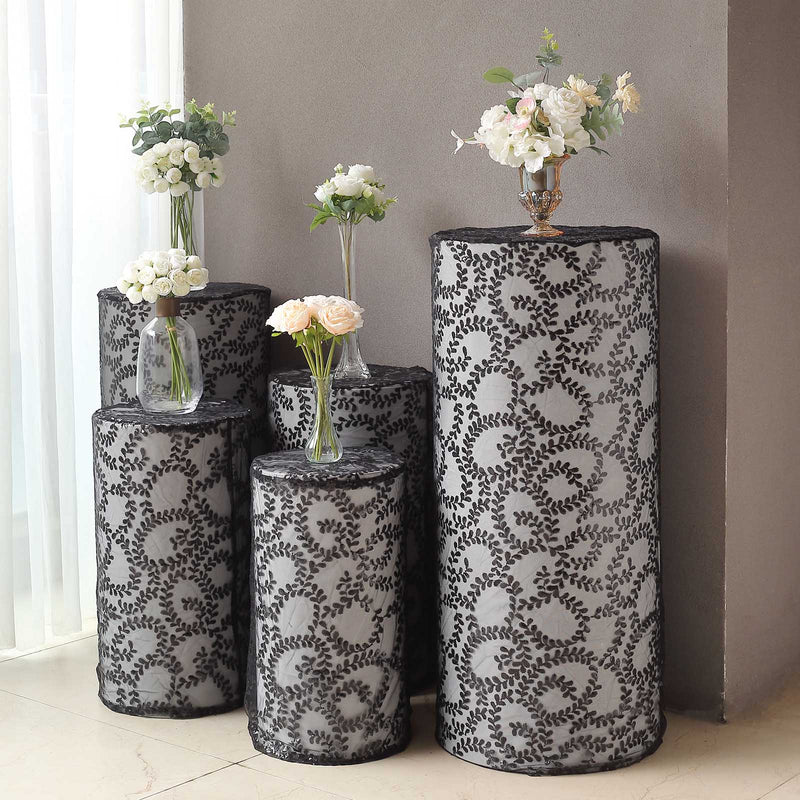 5 Sequin Mesh Cylinder Display Box Stand Covers with Leaf Vine Embroidery