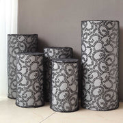 5 Sequin Mesh Cylinder Display Box Stand Covers with Leaf Vine Embroidery
