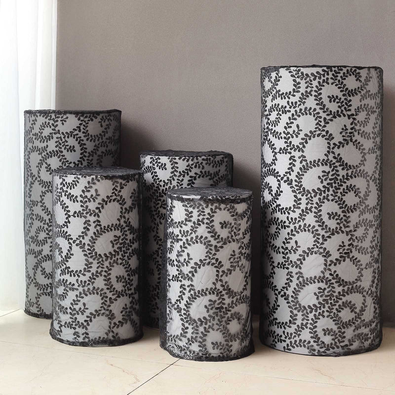 5 Sequin Mesh Cylinder Display Box Stand Covers with Leaf Vine Embroidery