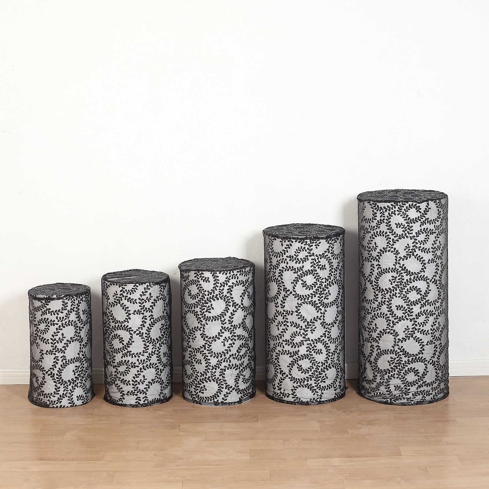 5 Sequin Mesh Cylinder Display Box Stand Covers with Leaf Vine Embroidery