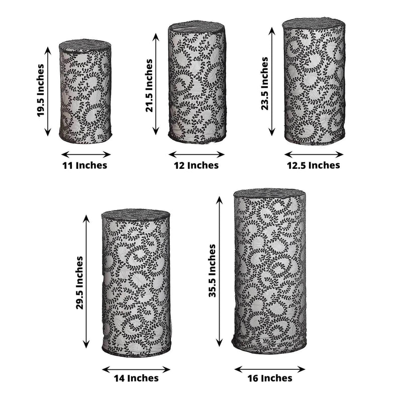 5 Sequin Mesh Cylinder Display Box Stand Covers with Leaf Vine Embroidery