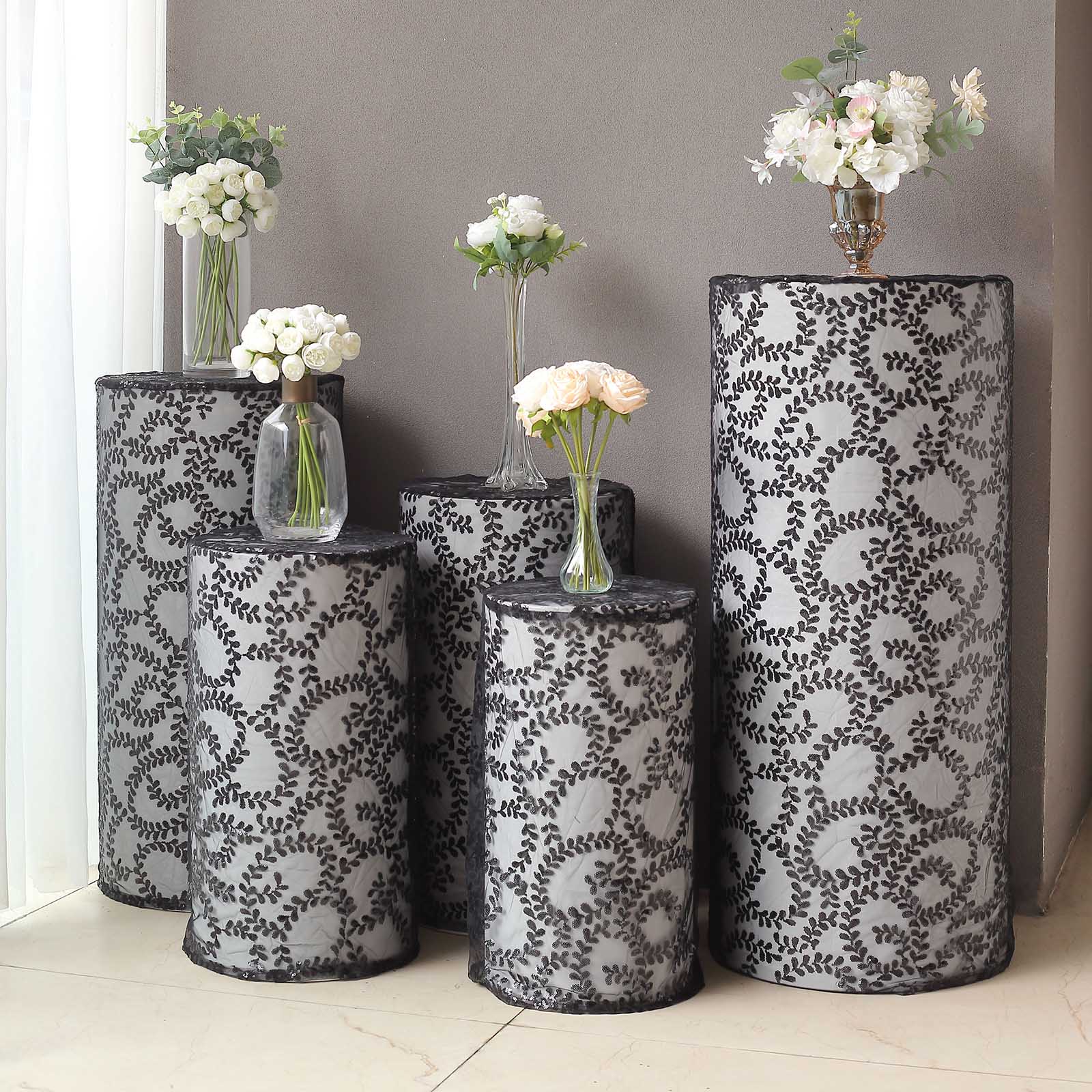 5 Sequin Mesh Cylinder Display Box Stand Covers with Leaf Vine Embroidery