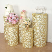 5 Sequin Mesh Cylinder Display Box Stand Covers with Leaf Vine Embroidery
