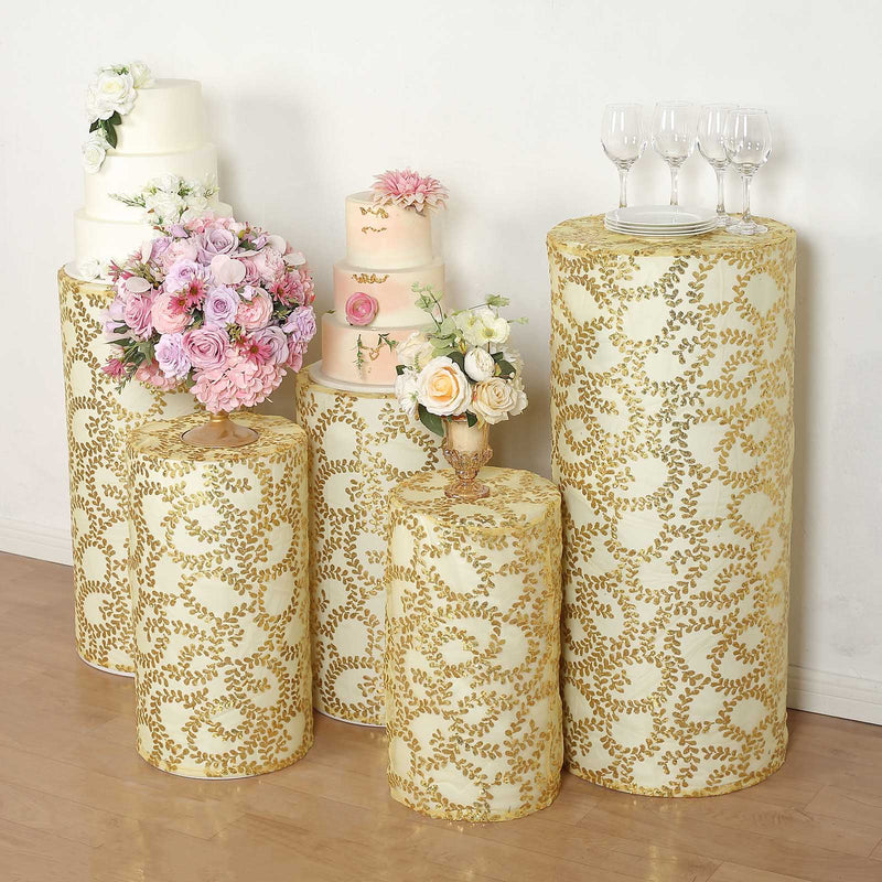 5 Sequin Mesh Cylinder Display Box Stand Covers with Leaf Vine Embroidery