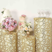 5 Sequin Mesh Cylinder Display Box Stand Covers with Leaf Vine Embroidery