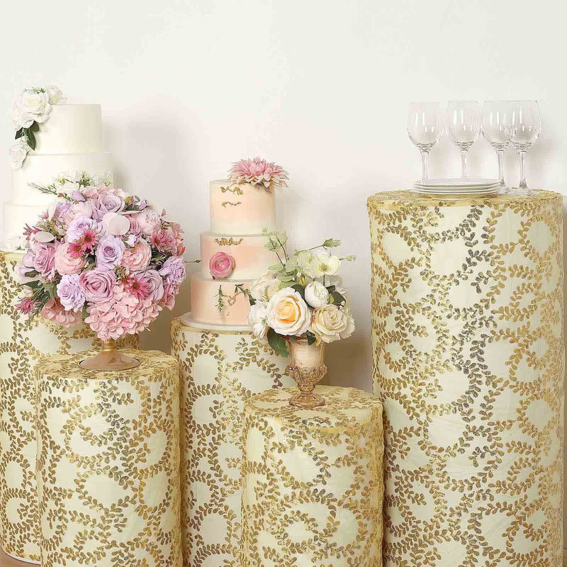 5 Sequin Mesh Cylinder Display Box Stand Covers with Leaf Vine Embroidery