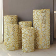 5 Sequin Mesh Cylinder Display Box Stand Covers with Leaf Vine Embroidery