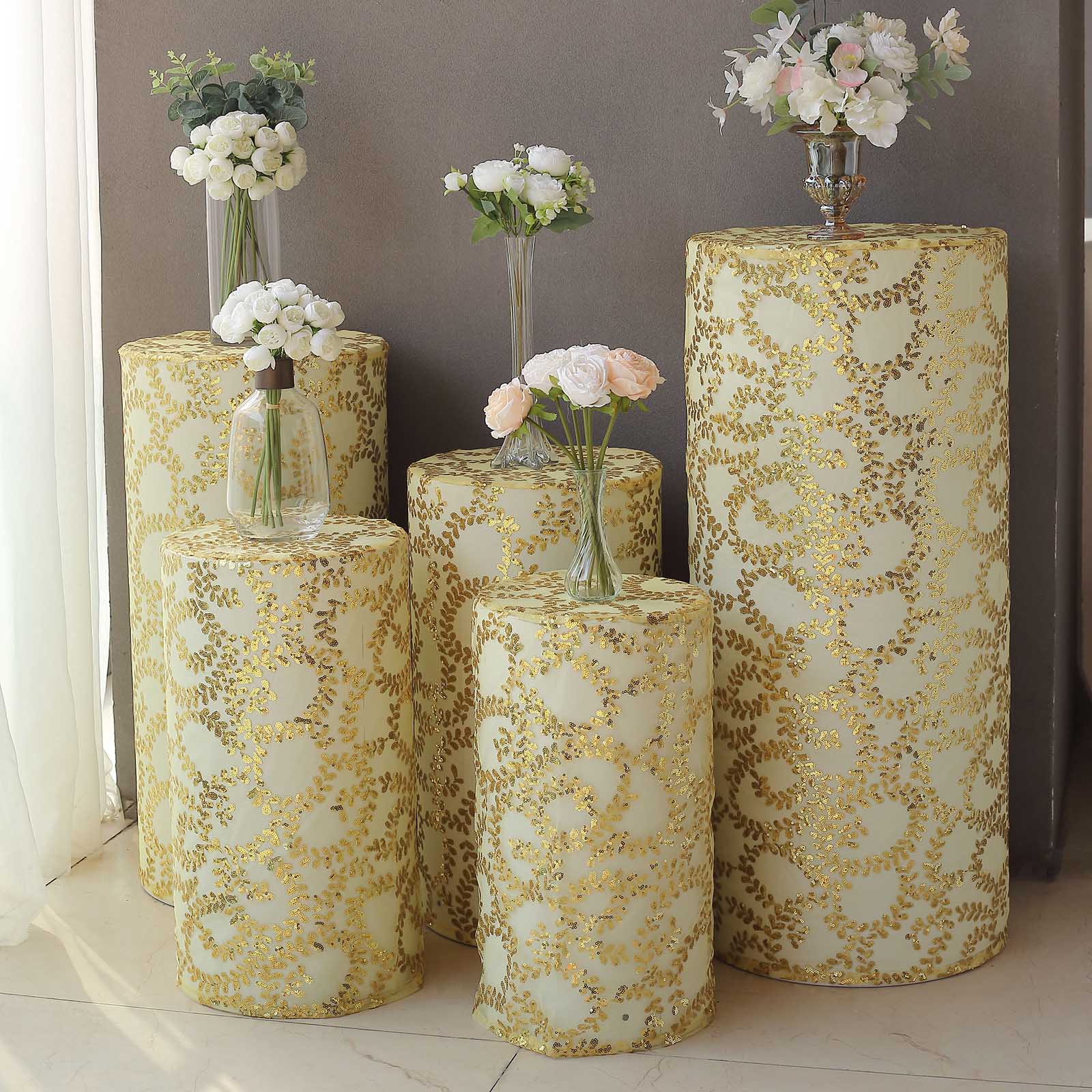 5 Sequin Mesh Cylinder Display Box Stand Covers with Leaf Vine Embroidery