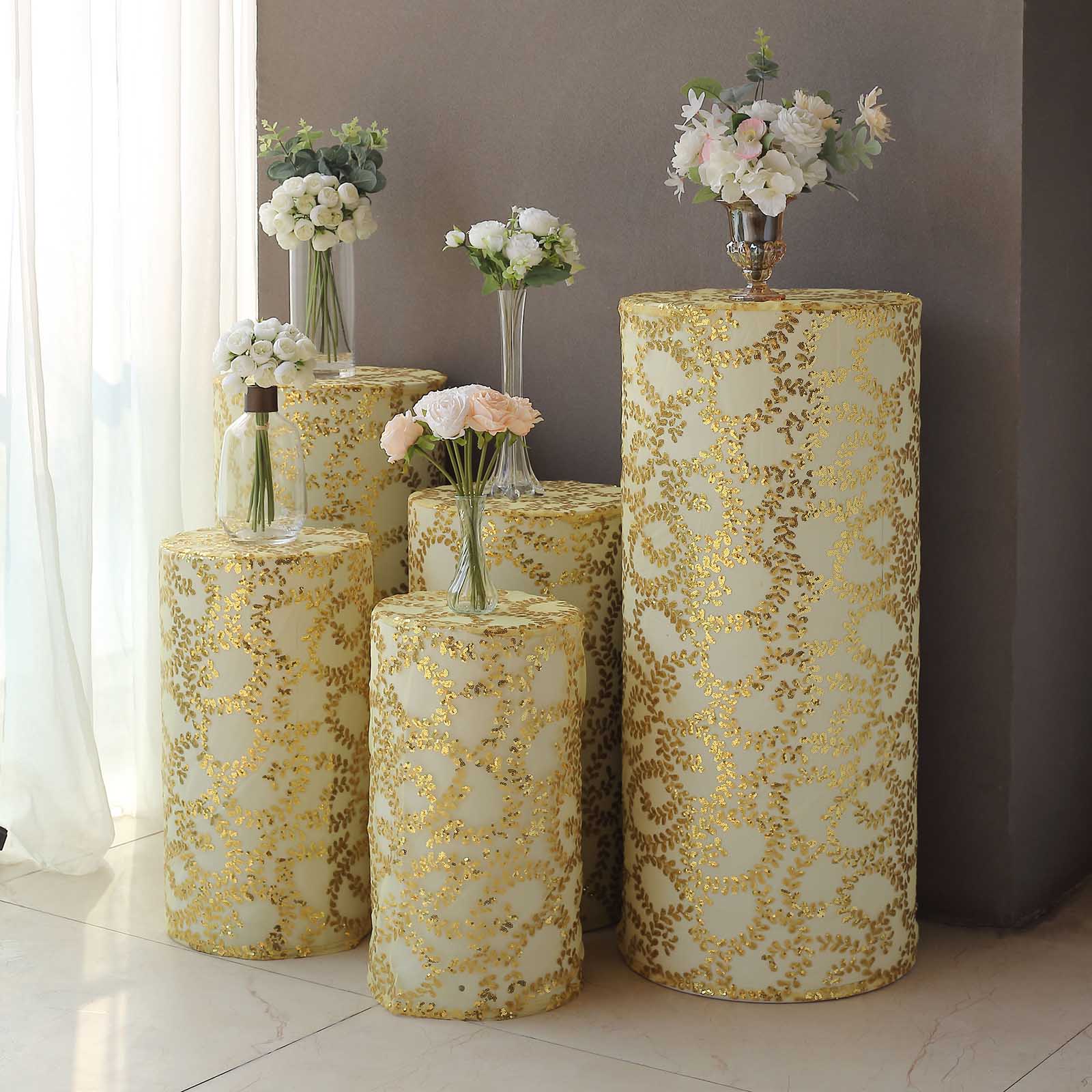 5 Sequin Mesh Cylinder Display Box Stand Covers with Leaf Vine Embroidery