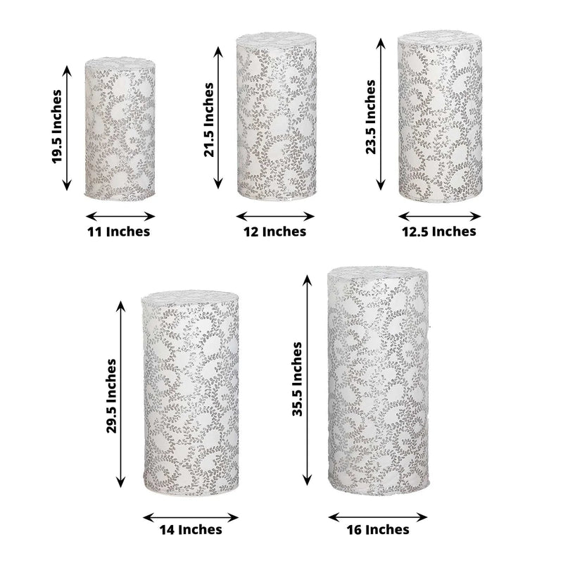 5 Sequin Mesh Cylinder Display Box Stand Covers with Leaf Vine Embroidery