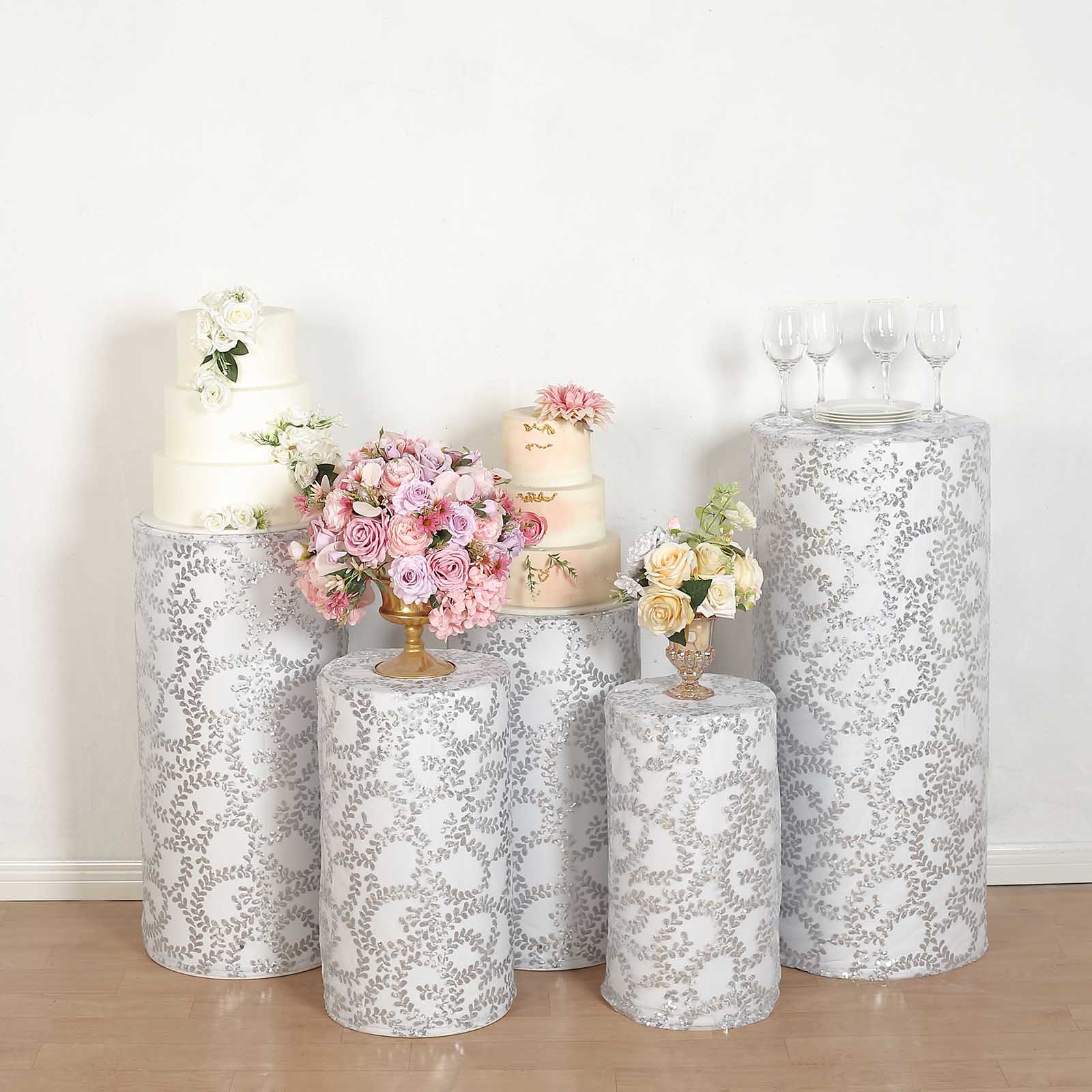 5 Sequin Mesh Cylinder Display Box Stand Covers with Leaf Vine Embroidery