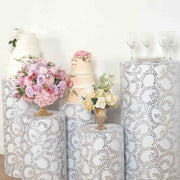 5 Sequin Mesh Cylinder Display Box Stand Covers with Leaf Vine Embroidery