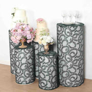 5 Sequin Mesh Cylinder Display Box Stand Covers with Leaf Vine Embroidery