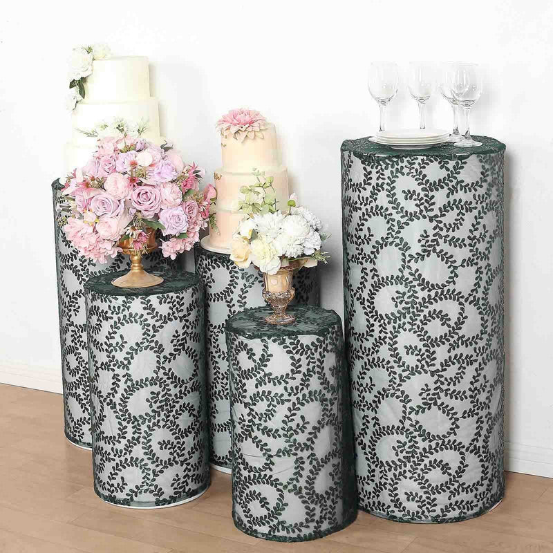 5 Sequin Mesh Cylinder Display Box Stand Covers with Leaf Vine Embroidery