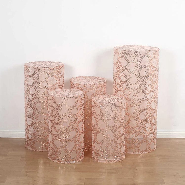 5 Sequin Mesh Cylinder Display Box Stand Covers with Leaf Vine Embroidery