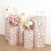 5 Sequin Mesh Cylinder Display Box Stand Covers with Leaf Vine Embroidery