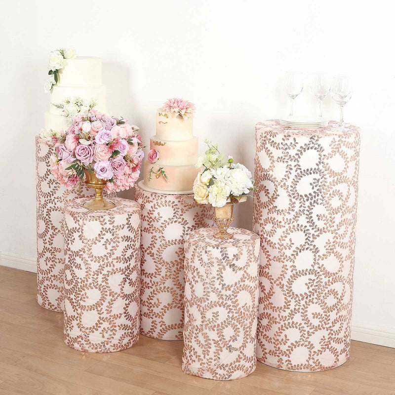 5 Sequin Mesh Cylinder Display Box Stand Covers with Leaf Vine Embroidery
